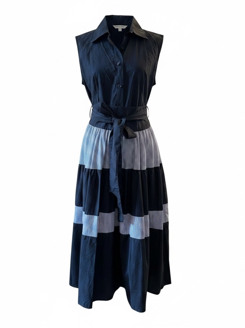 Vineyard Vines Navy and White Sleeveless Tiered Shirt Dress with Waist Tie